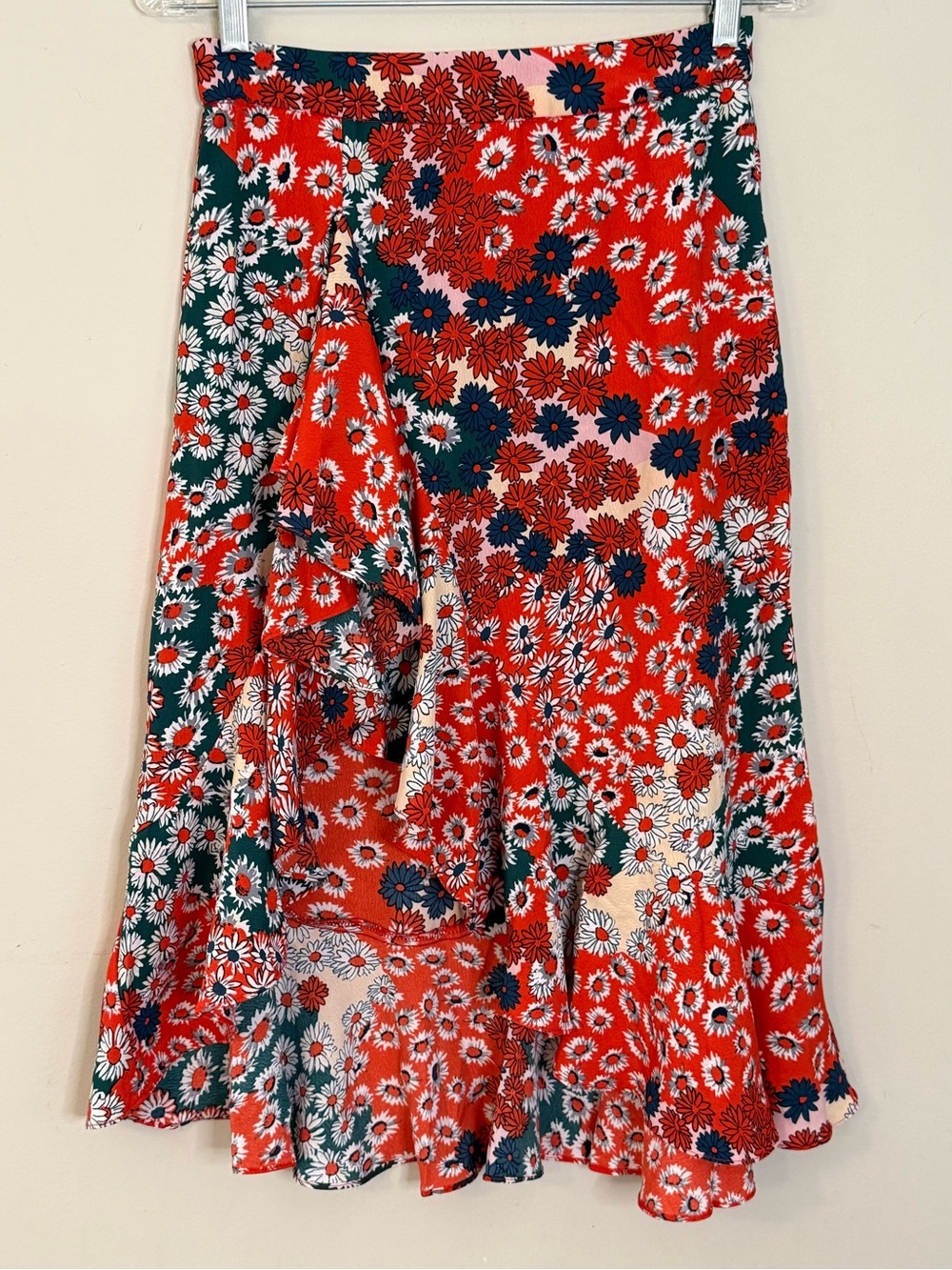 Daisy floral ruffled A-line midi skirt reddish orange green SM